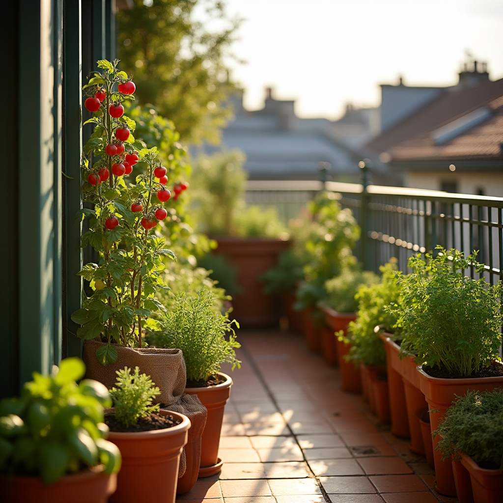 Lush container garden on an urban apartment balcony with tomatoes and herbs