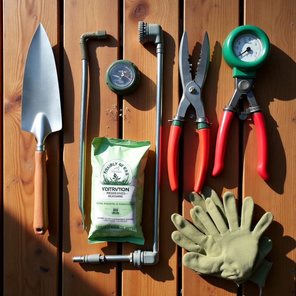 Garden tools including trowel, pruners, moisture meter and watering wand arranged on a wooden surface