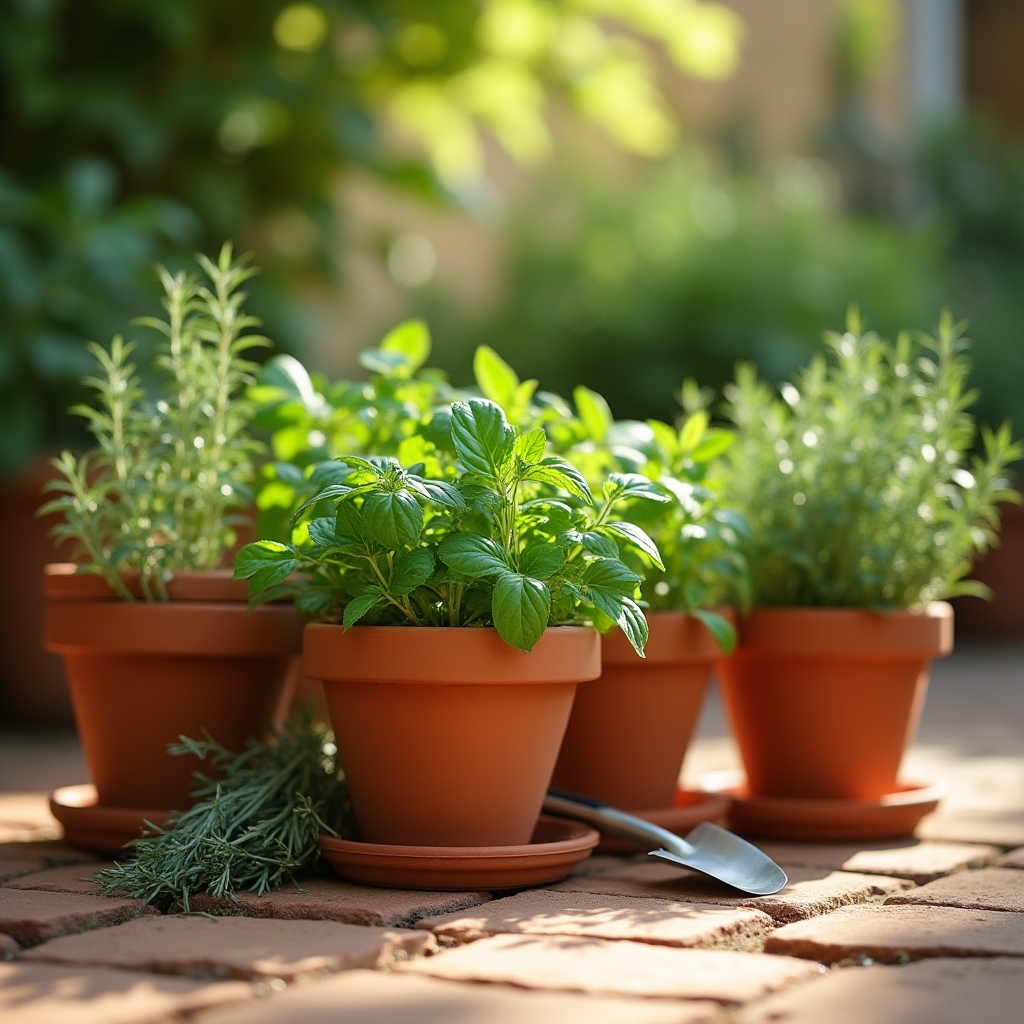 Terracotta pots with basil, parsley and mint arranged on a sunny patio