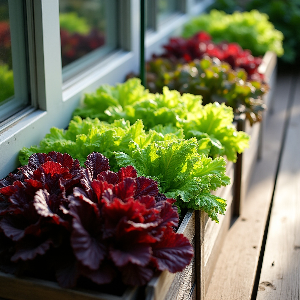 Colorful lettuce varieties growing in rectangular planters on a shaded patio