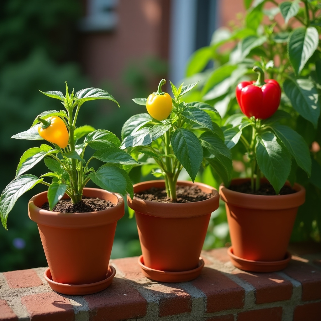 Compact pepper plants loaded with colorful fruit in terracotta containers